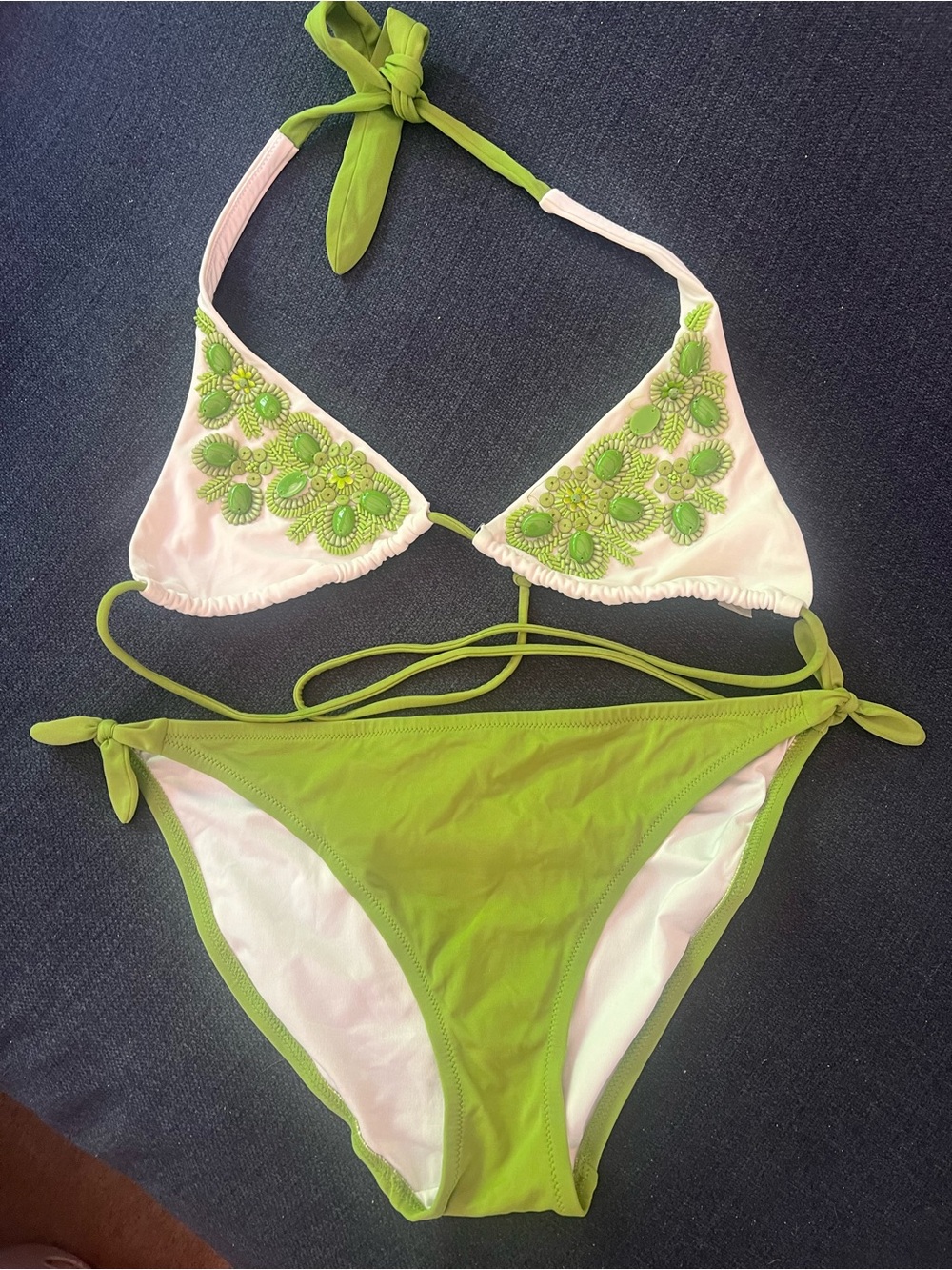 Victoria's Secret Green and White Embellished Triangle Bikini
